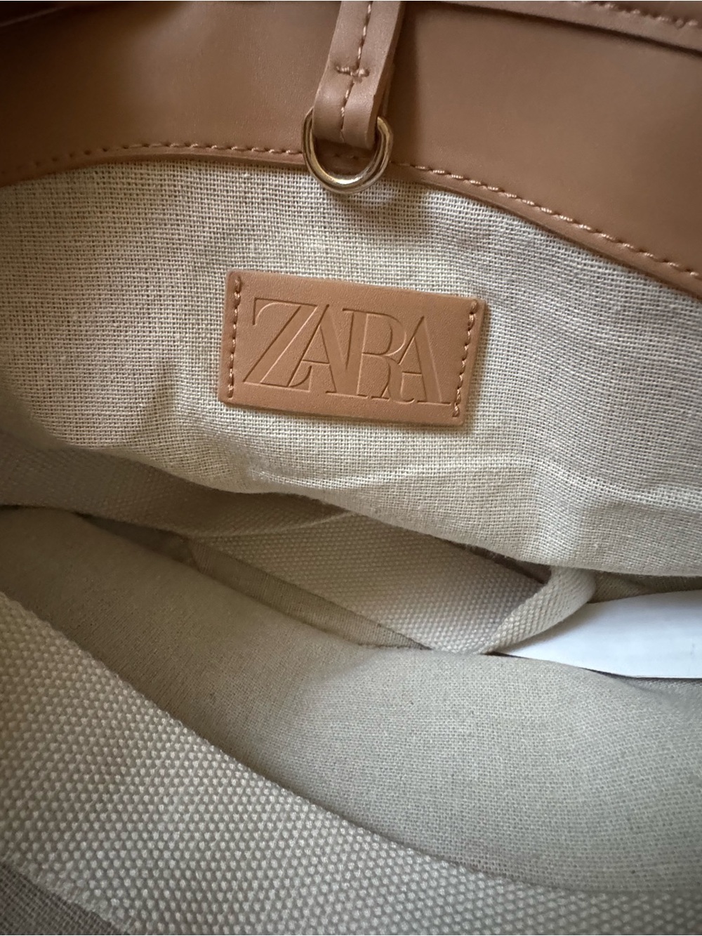Zara Cream Canvas Tote with Tan Trim and Shoulder Strap - Picture 6 of 7